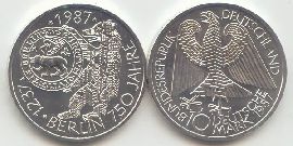 BRD 10 DM Gedenkmünze Silber 750 Jahre Berlin 1987 J st/prägefrisch Vorderseite und Rückseite zusammen
