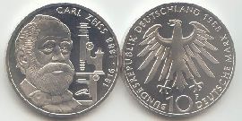 BRD 10 DM Gedenkmünze Silber Carl Zeiss 1988 F st/prägefrisch Vorderseite und Rückseite zusammen