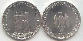 BRD 10 DM Gedenkmünze Silber Hamburger Hafen 1989 J st/prägefrisch Vorderseite und Rückseite zusammen