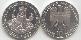 BRD 10 DM Gedenkmünze Silber Kaiser Barbarossa 1990 F st/prägefrisch Vorderseite und Rückseite zusammen