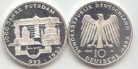 BRD 10 DM Gedenkmünze Silber 1000 Jahre Potsdam 1993 A st/prägefrisch Vorderseite und Rückseite zusammen
