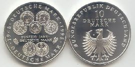 BRD 10 DM Gedenkmünze Silber 50 Jahre Deutsche Mark 1998 F st/prägefrisch Vorderseite und Rückseite zusammen