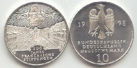 BRD 10 DM Gedenkmünze Silber Franckesche Stiftung Halle 1998 A st/prägefrisch Vorderseite und Rückseite zusammen