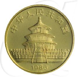 China Panda 1986 10 Yuan Gold 1/10 oz st Münzen-Wertseite