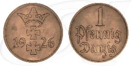 Danzig 1 Pfennig 1926 fast prägefrisch Wappen Münze Vorderseite und Rückseite zusammen