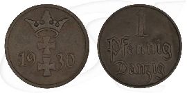 Danzig 1 Pfennig 1930 ss-vz Wappen Münze Vorderseite und Rückseite zusammen