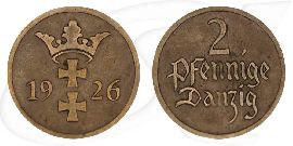 Danzig 2 Pfennig 1926 ss Wappen Münze Vorderseite und Rückseite zusammen