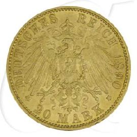 Deutschland Preussen 20 Mark Gold 1890 A ss-vz Wilhelm II.