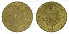 Deutschland Preussen 5 Mark Gold 1877 A s-ss gestopftes Loch Wilhelm
