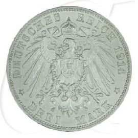 Deutschland Baden 3 Mark 1914 vz Friedrich II.