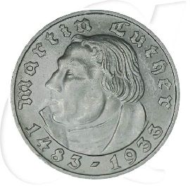 Deutschland Drittes Reich 2 RM 1933 D vz-st 450. Geburtstag Martin Luther Münzen-Bildseite