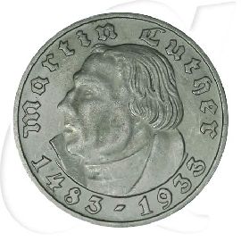 Deutschland Drittes Reich 2 RM 1933 J vz-st 450. Geburtstag Martin Luther Münzen-Bildseite