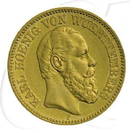 Deutschland Württemberg 20 Mark Gold 1872 F ss Karl Münzen-Bildseite