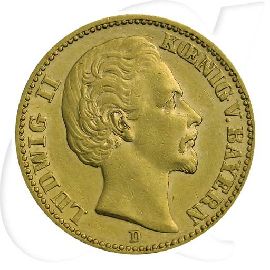 Deutschland Bayern 20 Mark Gold 1874 gutes ss Ludwig II. Münzen-Bildseite