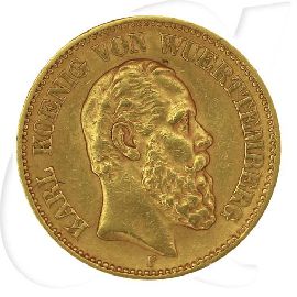 Deutschland Württemberg 20 Mark Gold 1874 F ss Karl Münzen-Bildseite