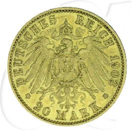 Deutschland 20 Mark 1903 A Gold Preussen Wilhelm II. ss-vz Münzen-Wertseite
