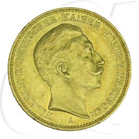 Deutschland 20 Mark Gold 1904 A Preussen Wilhelm II. ss-vz Münzen-Bildseite