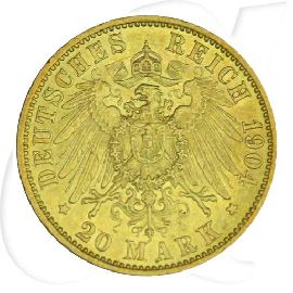 Deutschland 20 Mark Gold 1904 A Preussen Wilhelm II. ss-vz Münzen-Wertseite