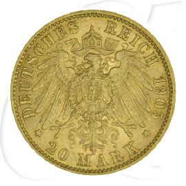 Deutschland 20 Mark Gold 1905 J vz Preussen Wilhelm II. Münzen-Wertseite