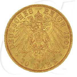 Deutschland Sachsen 20 Mark Gold 1905 E vz Friedrich August III. Münzen-Wertseite