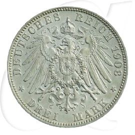 Deutschland Württemberg 3 Mark 1908 vz Wilhelm II. Münzen-Wertseite