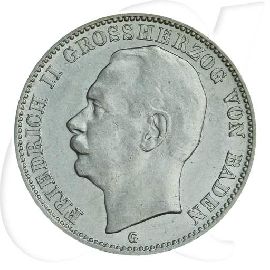 Deutschland Baden 3 Mark 1909 ss Friedrich II. Münzen-Bildseite