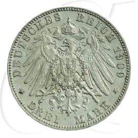 Deutschland Sachsen 3 Mark 1909 ss Friedrich August Münzen-Wertseite