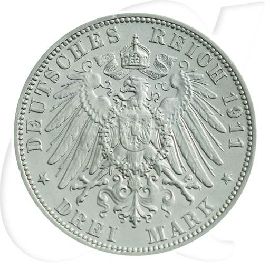 Deutschland Sachsen 3 Mark 1911 ss-vz Friedrich August Münzen-Wertseite