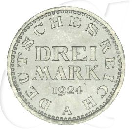 Weimarer Republik 3 Mark 1924 A prägefrisch/st Kursmünze Münzen-Bildseite