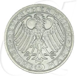 Weimarer Republik 3 Mark 1928 A vz-st Naumburg Münzen-Wertseite