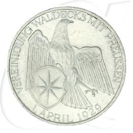 Weimarer Republik 3 Mark 1929 A vz Waldeck Pyrmont Münzen-Bildseite