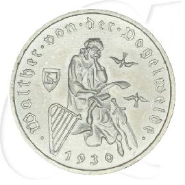 Weimarer Republik 3 Mark 1930 A vz-st Walther von der Vogelweide Münzen-Bildseite
