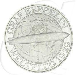 Weimarer Republik 3 Mark 1930 D prägefrisch/st Weltflug Graf Zeppelin Münzen-Bildseite