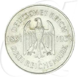 Weimarer Republik 3 Mark 1931 A vz Freiherr vom und zum Stein Münzen-Wertseite