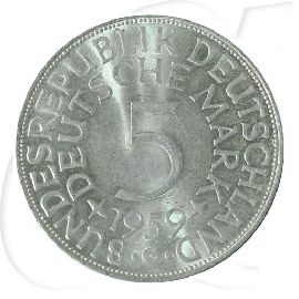 Deutschland 5 DM Kursmünze Silberadler 1959 G fast st Münzen-Bildseite