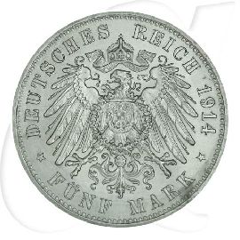 Deutschland Preussen 5 Mark 1914 vz Wilhelm II. in Uniform Münzen-Wertseite