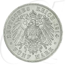 Deutschland Preussen 5 Mark 1914 vz-st Wilhelm II. in Uniform Münzen-Wertseite