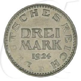 Weimarer Republik 3 Mark 1924 F ss-vz Kursmünze