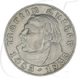 Drittes Reich 5 RM 1933 D ss-vz 450. Geburtstag Martin Luther