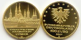 BRD 100 Euro 2007 G vz-st original Lübeck Anlagegold 15,55g fein Bildseite und Wertseite zusammen ohne Münzkapsel