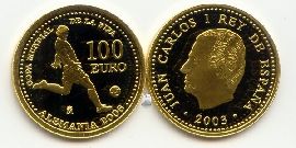 Spanien Gold 100 Euro 2003 Fußball OVP Münze Bildseite und Wertseite zusammen