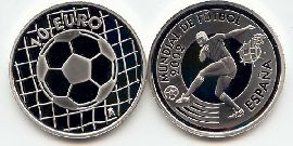Spanien 2002 Fußball-WM Torschütze 10 Euro Silber PP Münze Bildseite und Wertseite zusammen