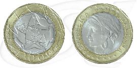 Fehlprägung 1997 Italien 1000 Lire falsche Landkarte Münze Vorderseite und Rückseite zusammen