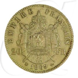 Frankreich 20 Francs 1869 BB Gold 5,806 gr. fein Napoleon III. ss Münzen-Wertseite