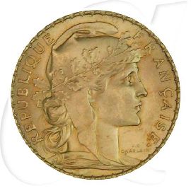 Frankreich 20 Francs 1908 Gold 5,806 gr. fein Marianne und Hahn