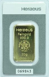 Goldbarren 20 Gramm Heraeus OVP