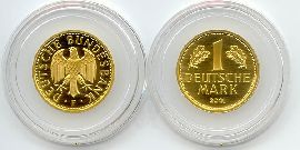 BRD 1 DM J481 Goldmark 12g Gold fein original vz-st F (Stuttgart) Münzenvorderseite und Münzenrückseite in Münzkapsel zusammen