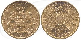 Deutschland Hamburg 20 Mark Gold 1913 vz-st Wappen