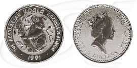 Koala 1991 Platin 5 Dollar Münze Vorderseite und Rückseite zusammen