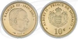 Monaco 10 Euro 2005 Gold (2,90g fein) Fürst Rainier III PP Münze Vorderseite und Rückseite zusammen